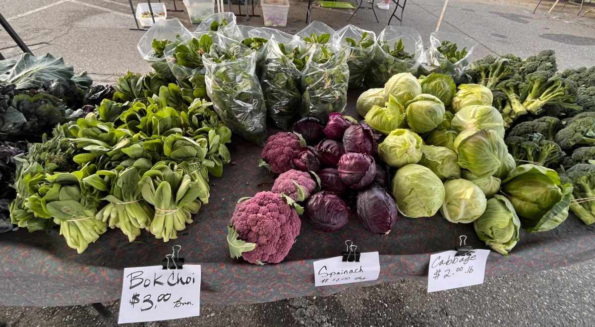 Freshly harvested bok choi, baby spinach, cabbages and broccoli at a Wednesday Farmers Market from Lor’s Produce. Taken by Alina Babajko on March 13.