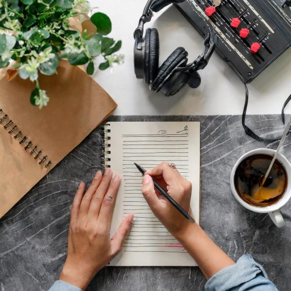 A pair of hands writing down which songs to add to your playlist next to some headphones and a cup of coffee. Image generated by Adobe Firefly by Itzel Saucedo  

