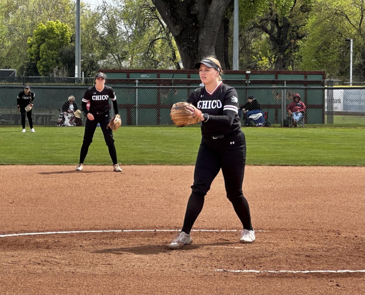 Junior starting pitcher Katelyn Oldwin on the mound for the Wildcats in game two of Saturday’s doubleheader against the Cal State East Bay Pioneers. Taken by Lukas Mann on April 6. 
