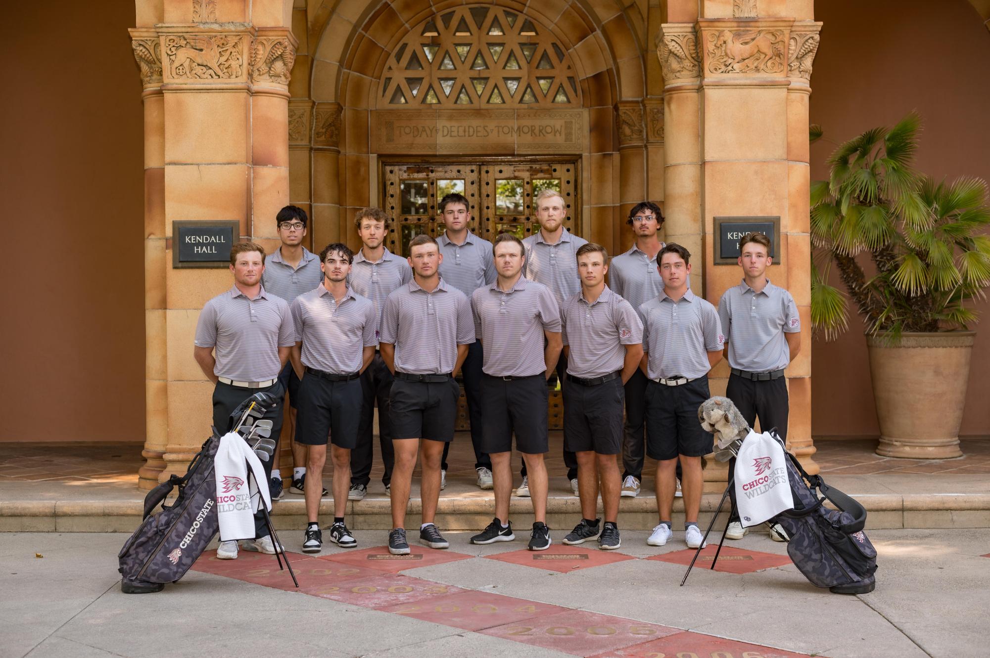 2023-24 Chico State men’s golf team in front of Kendall Hall. Courtesy: Jason Haley/Chico State photographer 