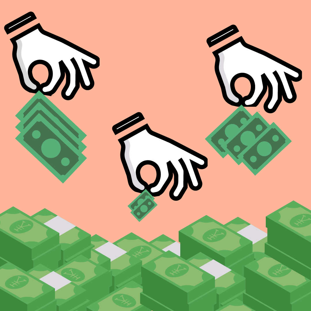 A group of hands dropping bills into a pile of money. Students will get the opportunity to allocate funds to organizations of their choice Thursday, April 4. Created by Steven Amador.