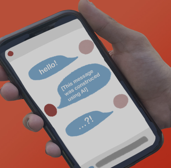 A graphic with a hand holding a phone displays texts from a human and an AI-generated chatbot. The graphic was created by Nadia Hill on April 22, 2024.
