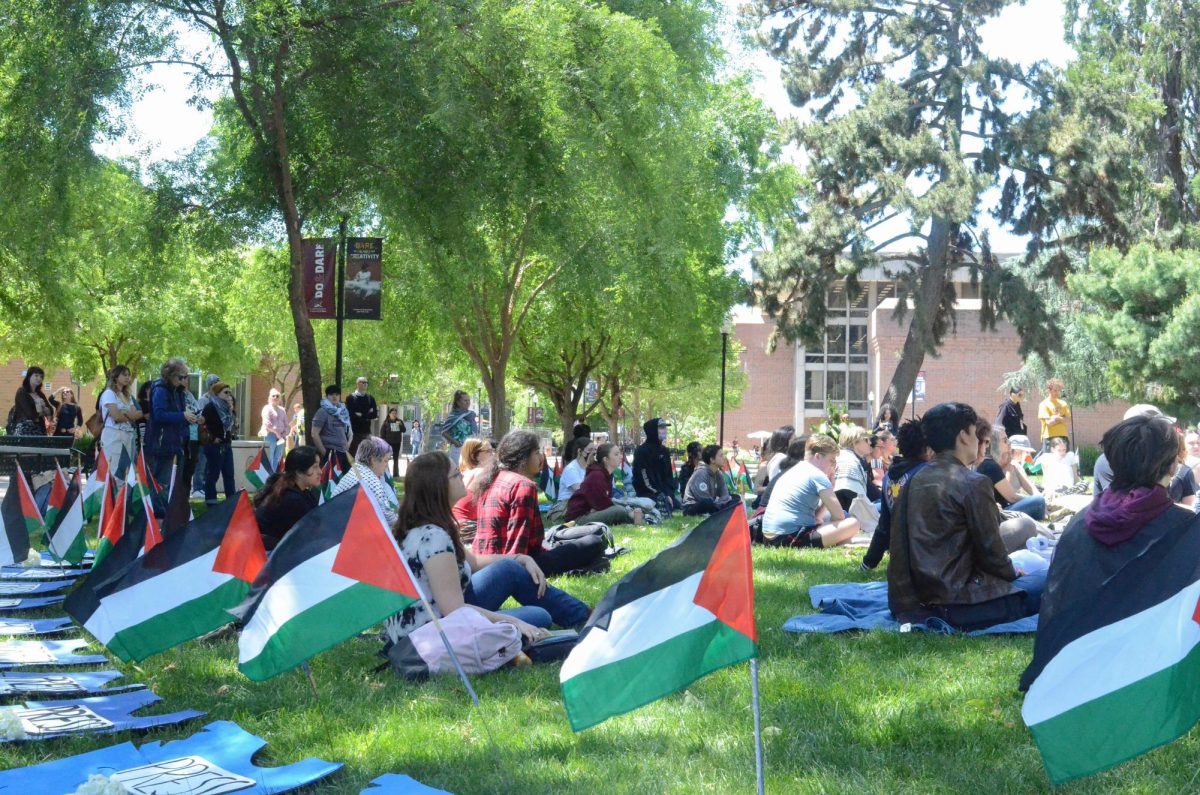 Students sit on Kendall Halls lawn inside a ring of Palestine flags.