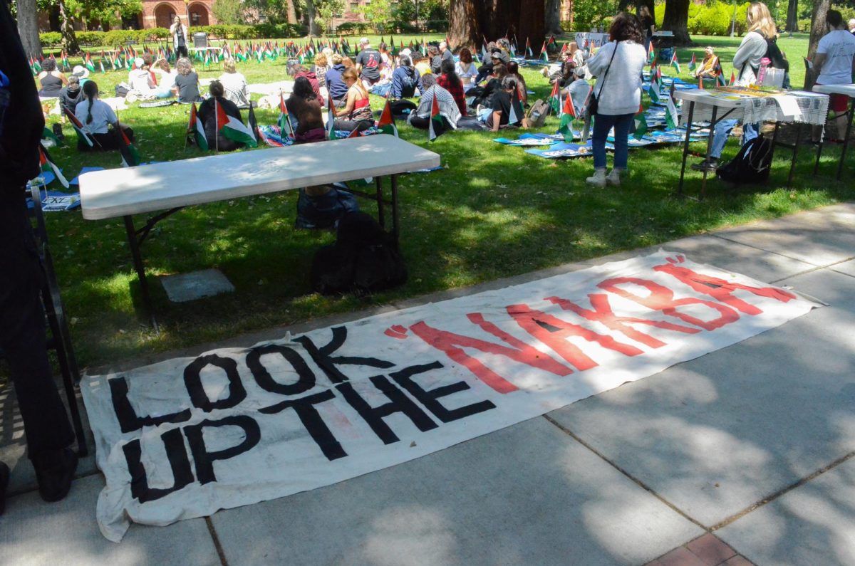 A large banner on the sidewalk during the SJP walkout reads Look up the Nakba. 
