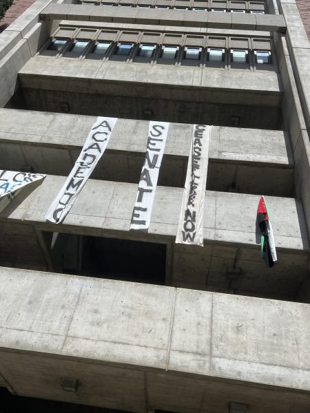 Pro-Palestine banners put up on Butte Hall by Students for Justice in Palestine. Photo taken May 1, 2024. Photo taken May 1, 2024 by Molly Myers.