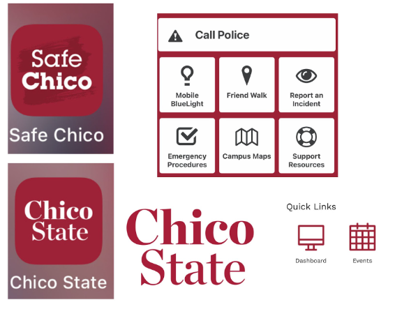 A collection of screenshots taken from the Chico State and Safe Chico apps showing new features to improve student safety and experiences. Created Aug. 27 by Jessica Miller.
