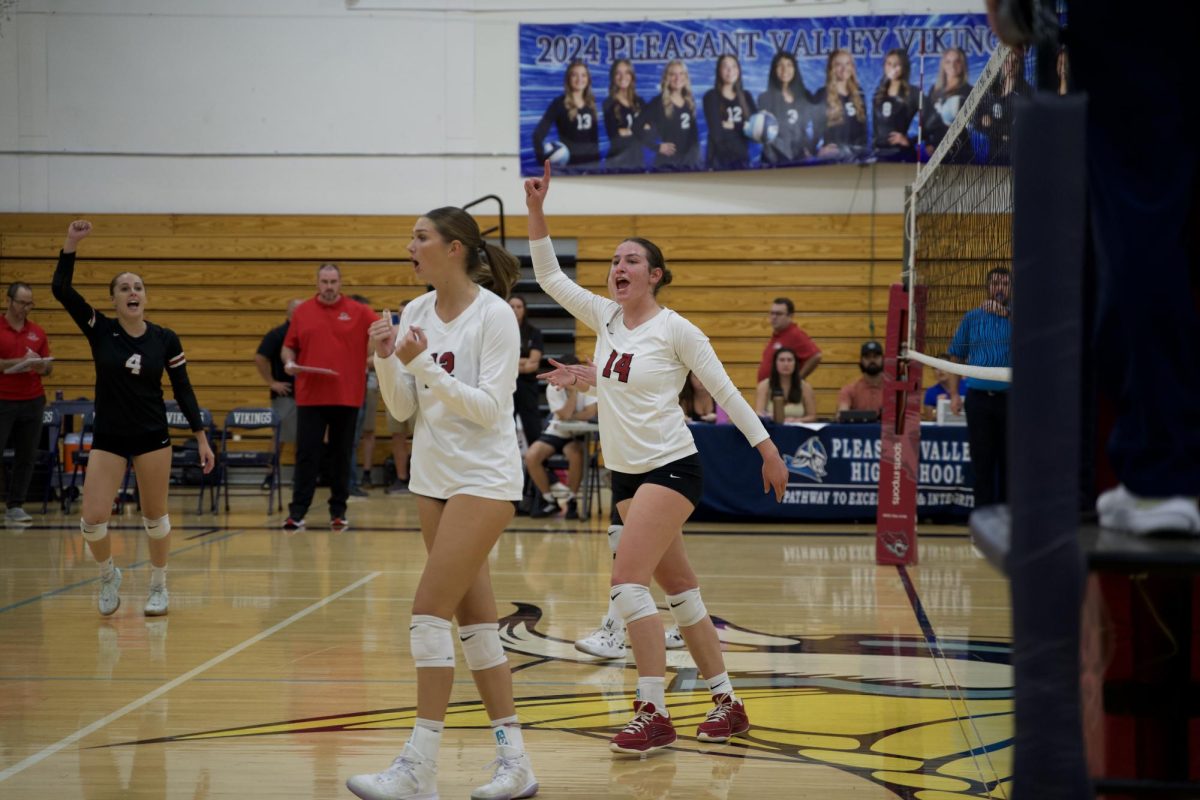 Freshman setter Claire Nordeen celebrating a point against Cal Poly Humboldt. Taken by Lexi Lynn on Sept. 27