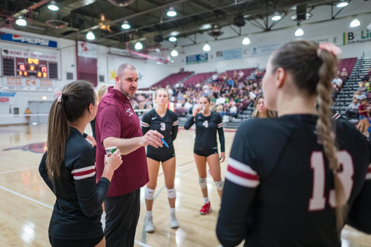 Chico State Wildcats' Head Volleyball Coach Tommy Gott talks to the team during a time out as they play against Humboldt State Lumberjacks in the second game of their match on, Sep. 23, 2023.