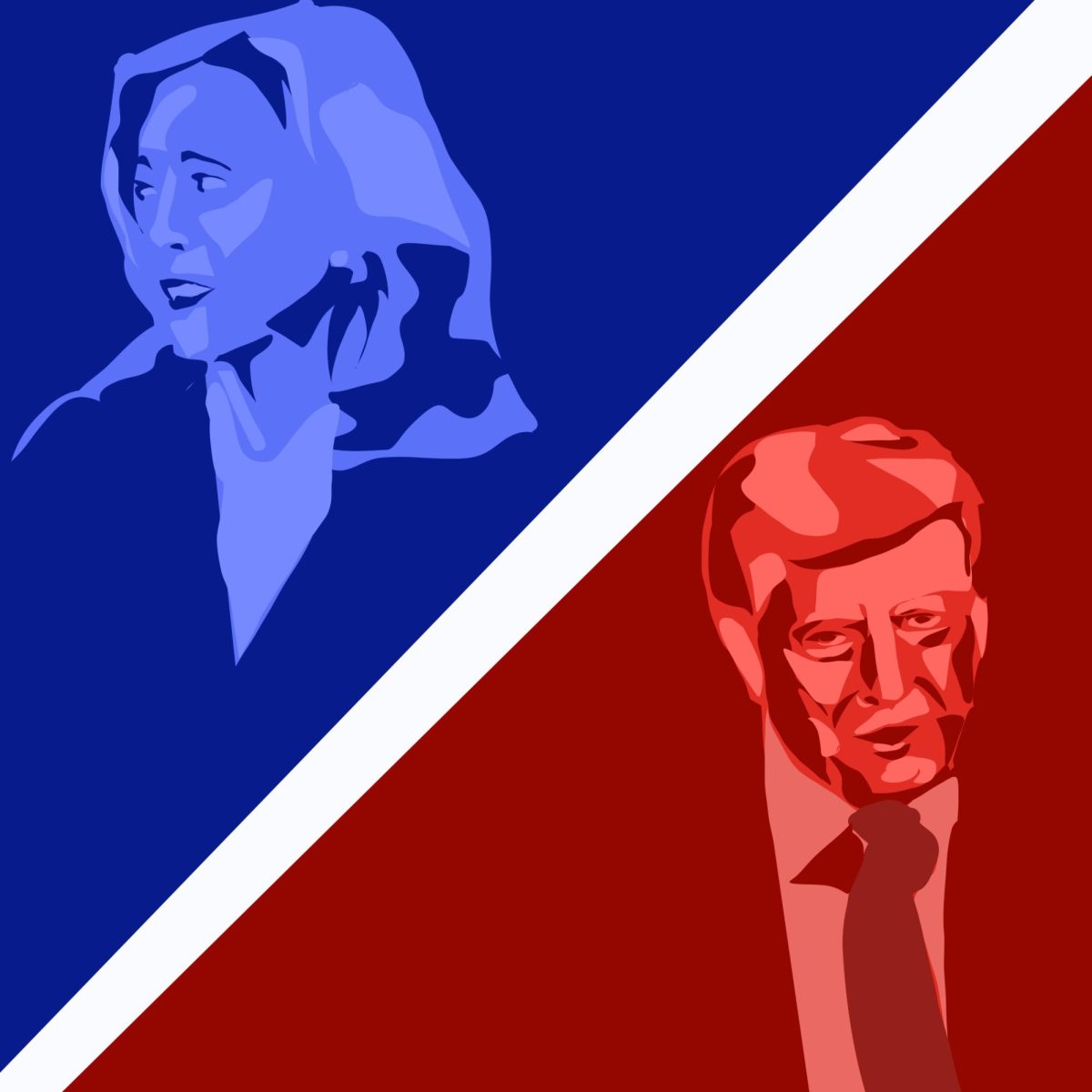 An illustration of Kamala Harris and Donald Trump from the debate, in the colors of their political parties. Created by Nadia Hill, Sept. 11. 