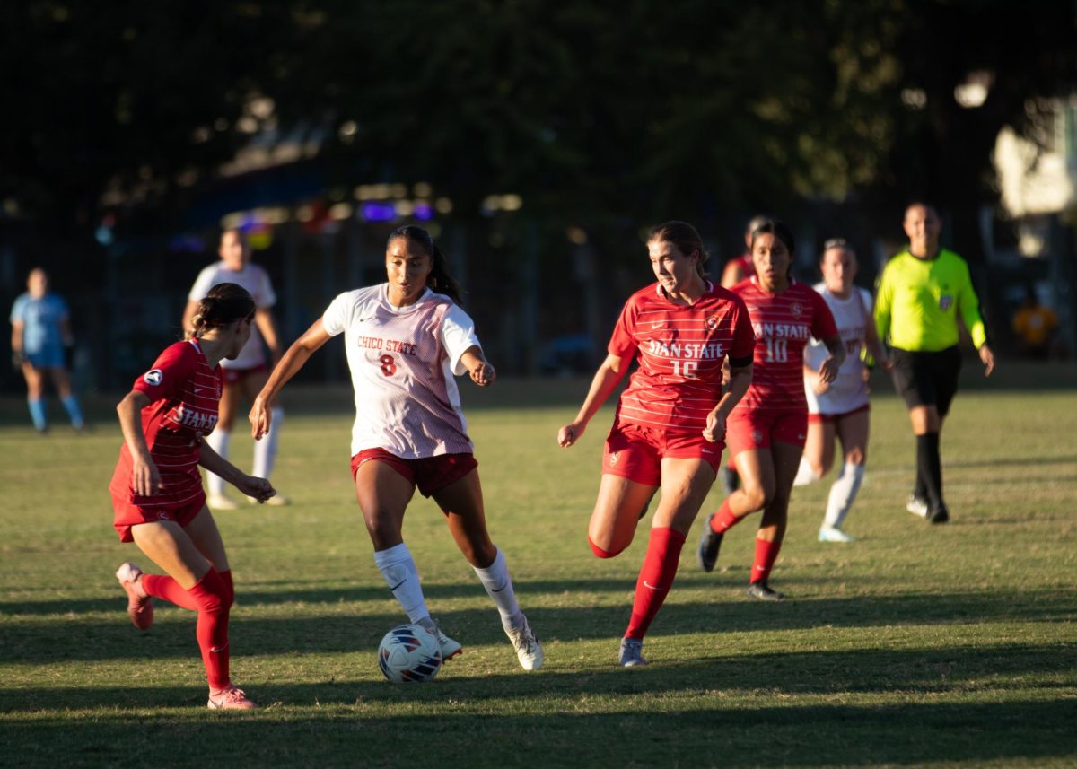 Senior midfielder and forward Natalie Mendoza regains possession of the ball during the second half against Stanislaus State Saturday Sep. 28, 2024 at Chico State.