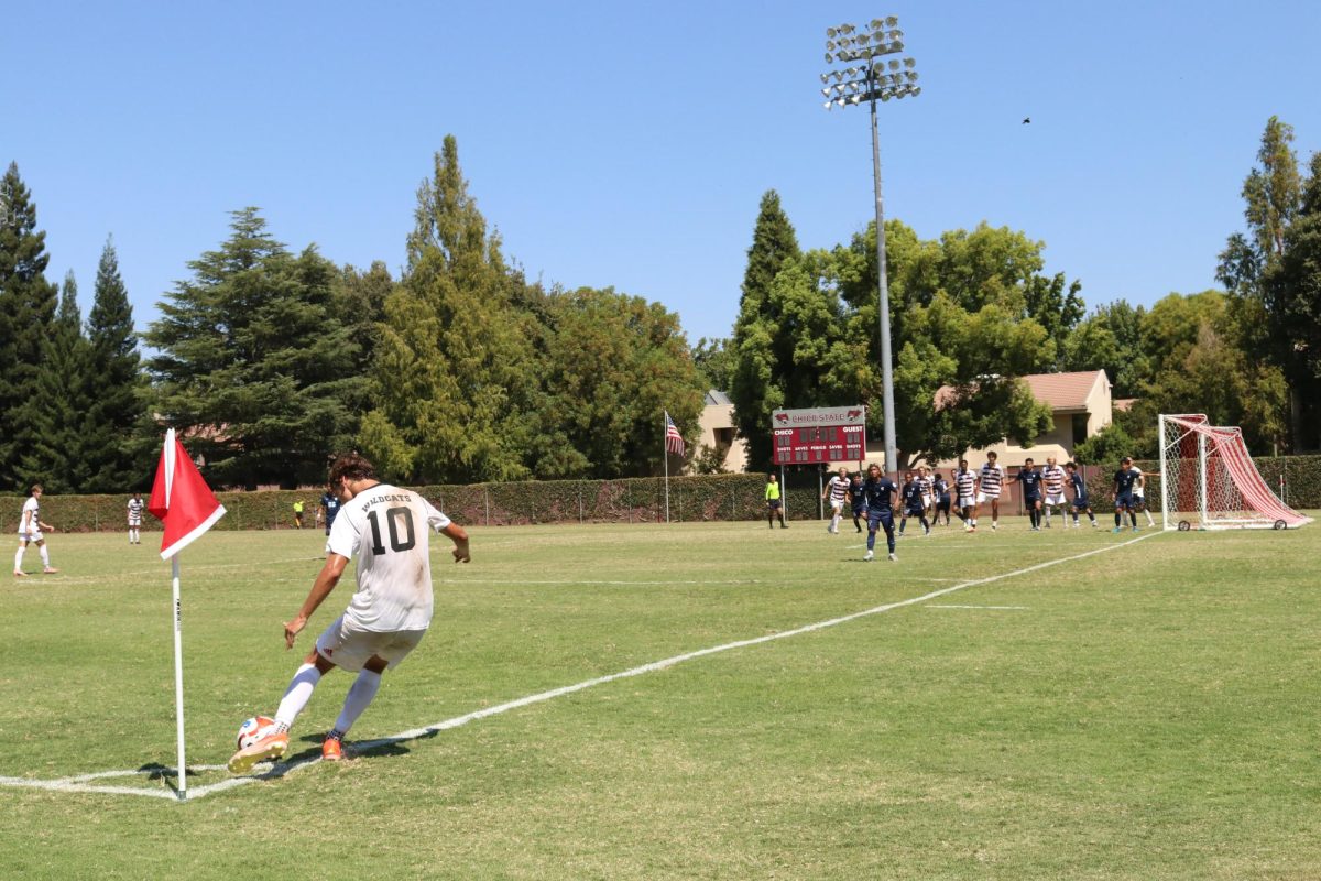 Sophomore midfielder Jack Shane taking a corner kick in the second half of a friendly versus Jessup. Taken by Nate Paddock on Aug. 31.