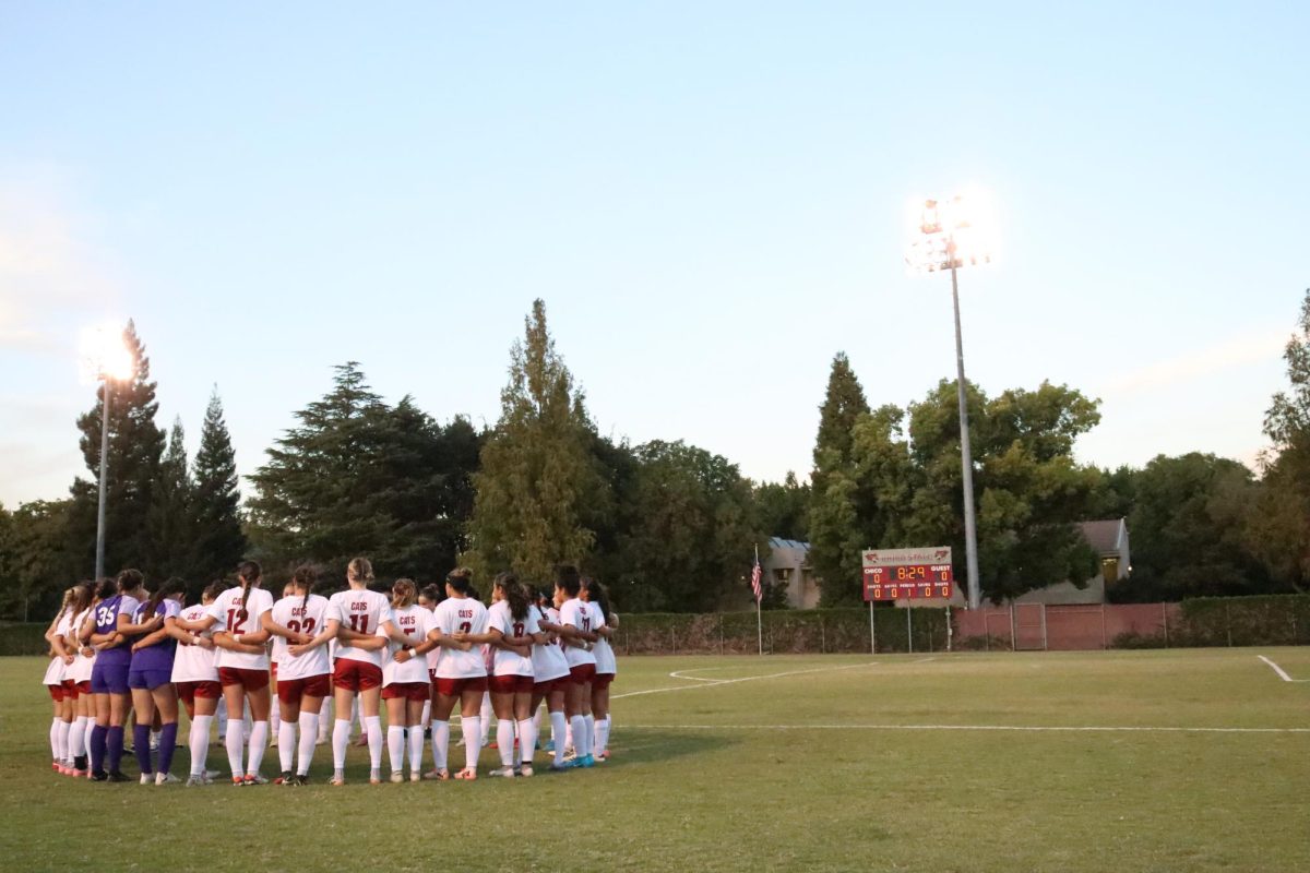 Chico State women’s soccer huddling up pre-game preparing to take on the Biola University Eagles. Taken by Nate Paddock on Sept. 25, 2024. 