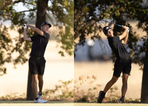 Sophomore Alexander LemMon and junior Naoki Easterday teeing off on a par three at the Butte Creek Country Club during last season's Wildcat Classic. Taken by Aaron Draper, on Oct. 3, 2023.