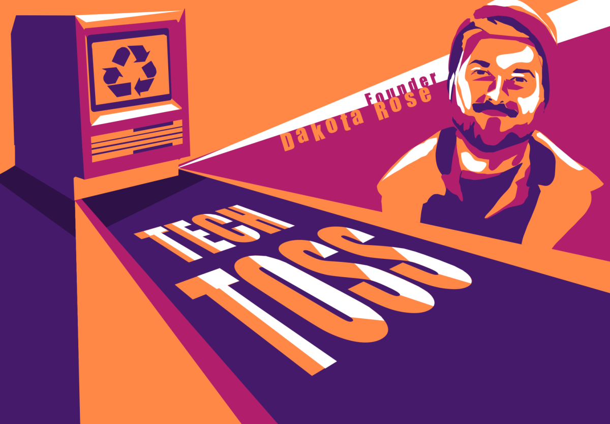 An illustration using Tech Toss’s logo color scheme to depict a computer and Tech Toss’s founder Dakota Rose. Graphic made by Nadia Hill on Sept. 5.  