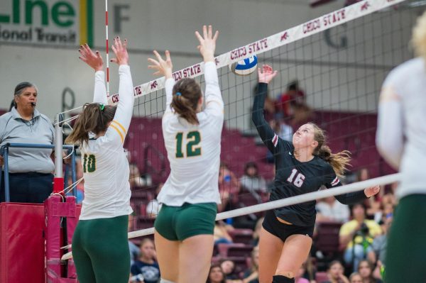 Chico State Wildcats' #16 Gwyneth Wentzel (right) spikes against Humboldt State Lumberjacks’ #12 Avery McIntyre (center) and #10 Lindsey McLaughlin (left) in the second game of their women’s volleyball match on Saturday, Sept.23, 2023 in Chico.
(Jason Halley/University Photographer/Chico State)
