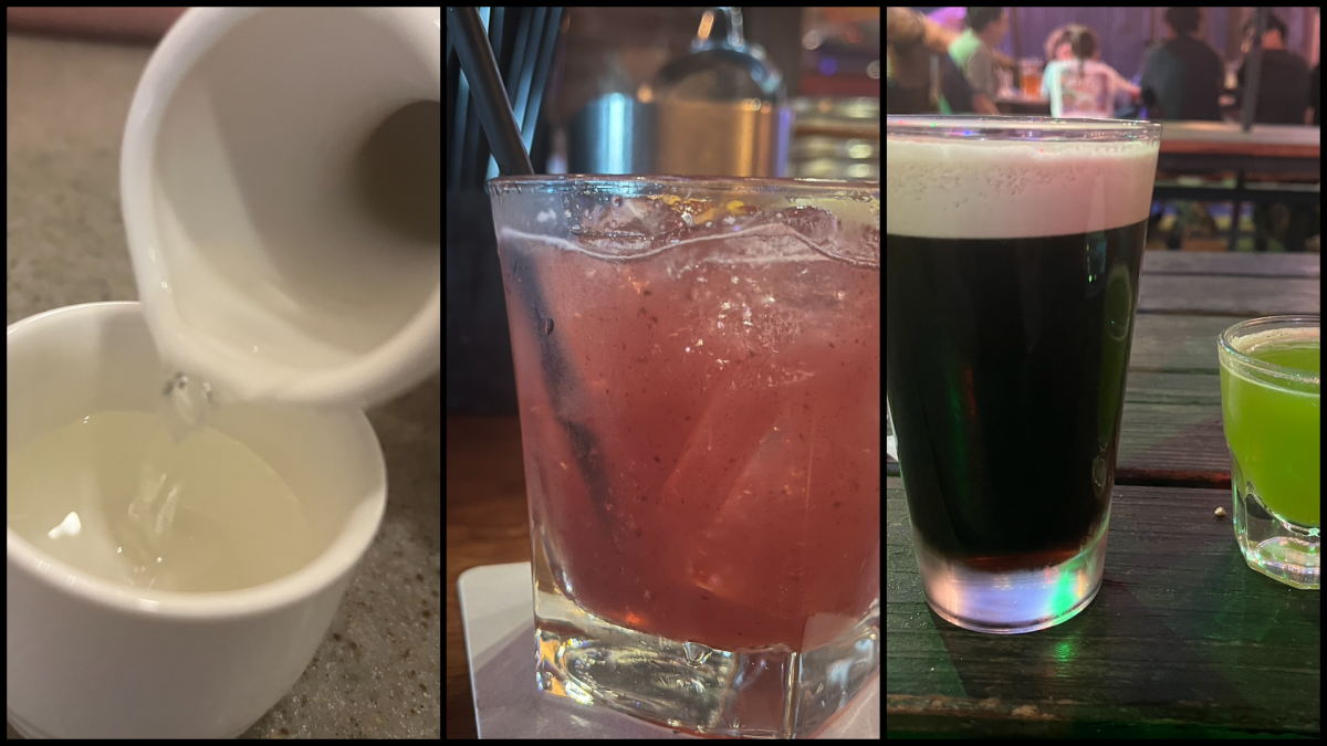 The sake, Blackberry Bramble, Guinness Draught and “Scooby Snack” drinks from Ichiban, The Banshee and Madison Bear Garden. Taken by Ariana Powell on Aug. 27.