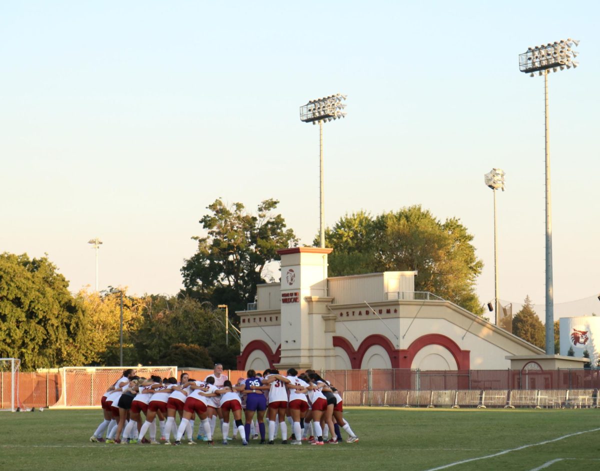 Chico State women’s soccer team getting pumped up before kicking off the 2024 season. Taken by Nate Paddock on Sept. 5.
