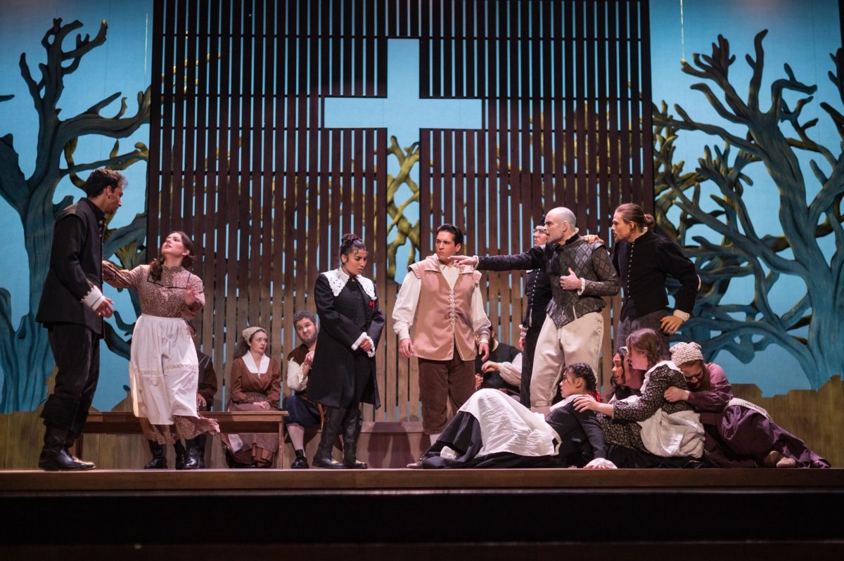 The cast of “The Crucible” during an intense moment in a court scene in the second act. Photo courtesy of Jason A. Halley on Oct. 3.