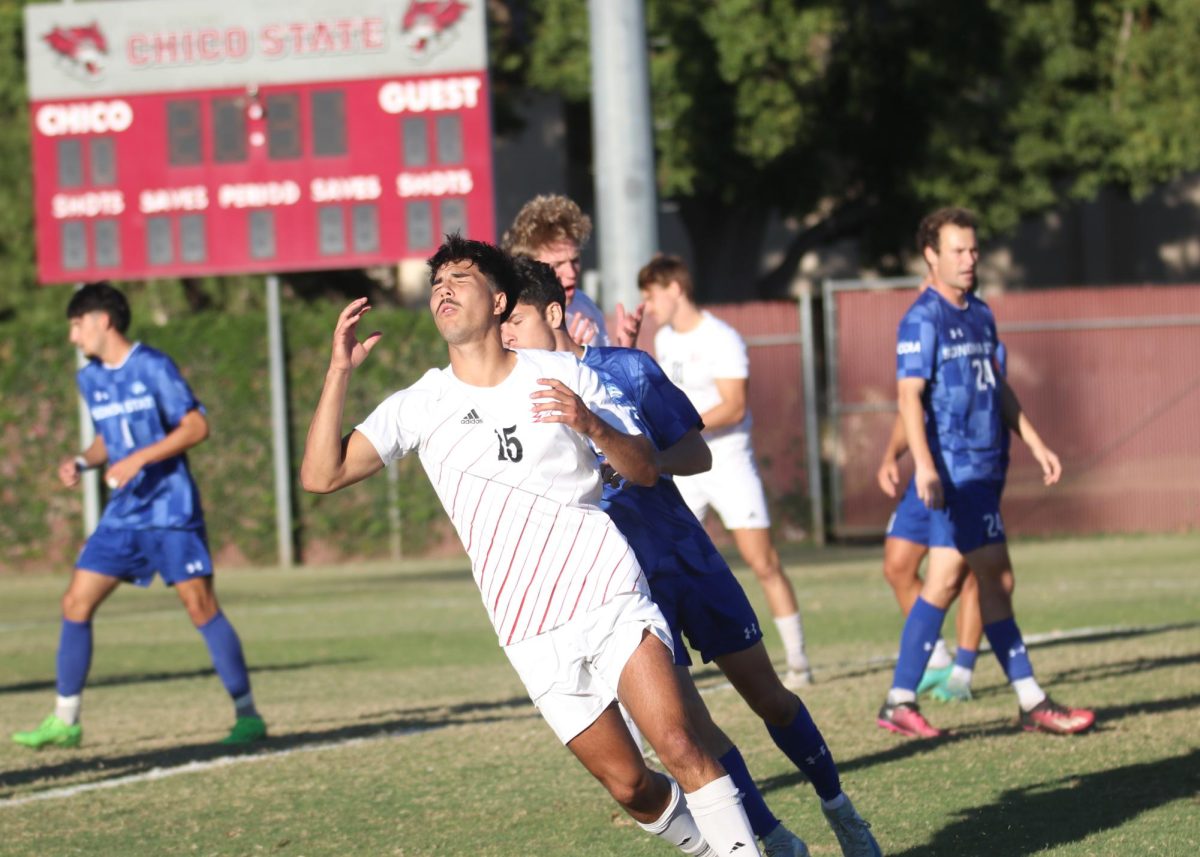 Junior defender Carson Zarate is disappointed after a shot is missed during the first half against Sonoma State Thursday Oct. 17, 2024 at Chico State.