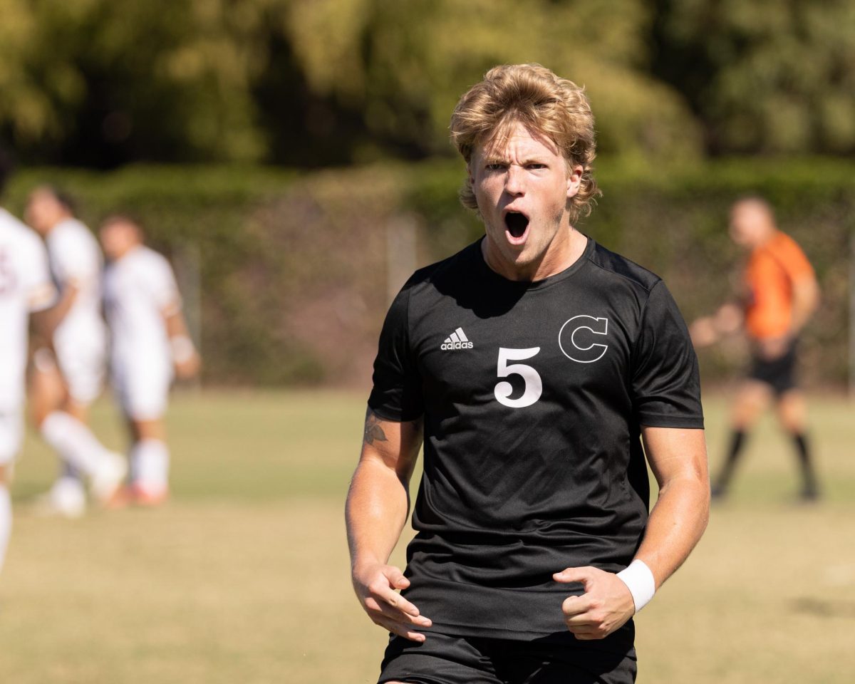 Miles Rice celebrating a penalty kick goal against the Cal State Dominguez Hills Toros. Taken by Aaron Draper on Oct. 6, 2024.