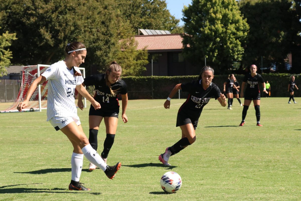 Avery Pieri and Jordan Brail forcing the ball back to midfield in hopes of gaining back possession. Taken by Nate Paddock Sept. 8.