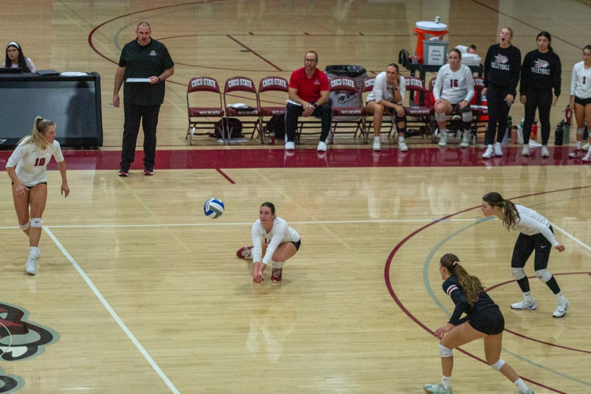 Setter Claire Nordeen digs the ball after the serve from Cal Poly Pomona on Oct. 25 taken by Jenna McMahon. 