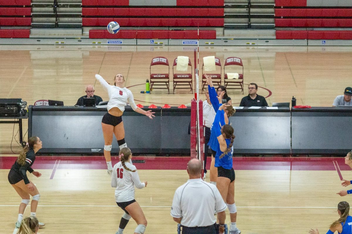 Kassandra Nall jumps up to spike the ball over the net on Oct. 25 taken by Jenna McMahon. 