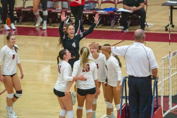 The Wildcats volleyball team celebrates scoring a point in a set against Cal State San Marcos on Oct. 25. Photo taken by Jenna McMahon. 
