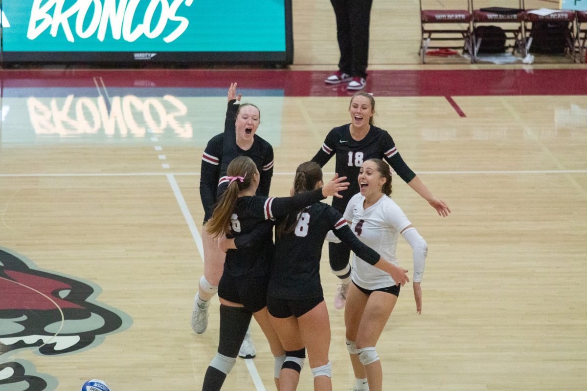 Wildcats celebrate winning a point against Cal Poly Pomona on Oct. 26. Photo taken by Jenna McMahon.