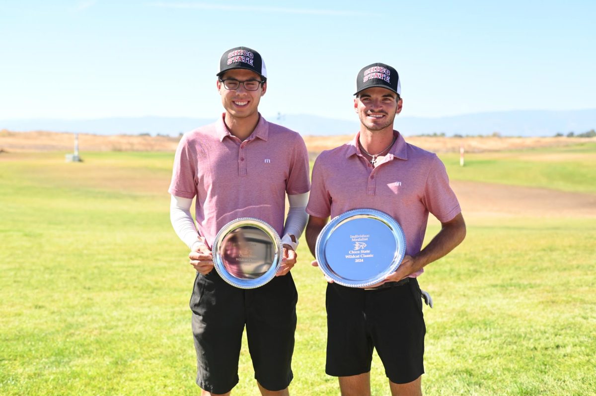 Chico State junior Naoki Easterday, left, holding the Wildcat Classic’s runner-up award and senior Travis Miller, right, holding the individual award at the Links at The Rolling Hills Casino in Corning, CA. Photo taken by Cayden Jones on Oct. 8. 