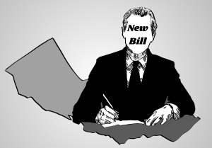 Illustration of Gov. Gavin Newson signing a bill. Graphic made by Nadia Hill on Oct 9.  