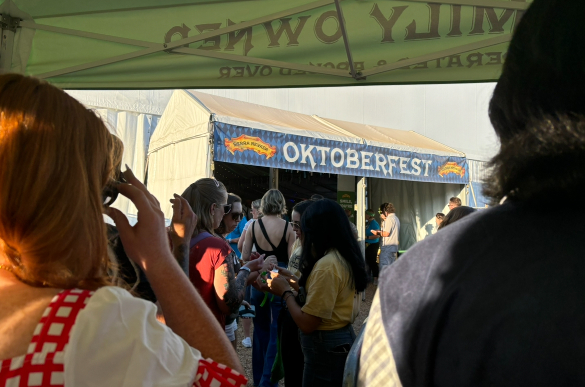 Entrance to the Oktoberfest venue where the staff scanned tickets after bag checks and metal detector scannings. There were people crowded in the lines to get in. Photo taken by Sophia MacKinnon on Oct. 5.