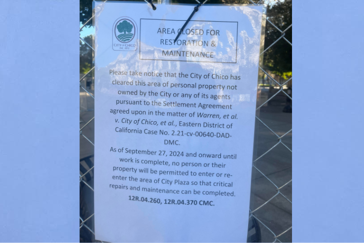 Signs put up around the City Plaza fencing in Downtown Chico. Taken by Beatrice Williams on Oct. 3. 