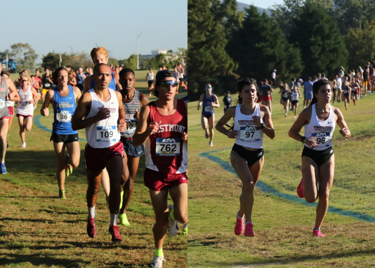 Chico State cross country student-athletes, senior Dylan White (#109), and juniors Iresh (#97) and Della Molina (#96) running in the Charger Invitational, in Huntsville, Alabama. Taken by Scott Kruetzfeldt, on Oct. 12.