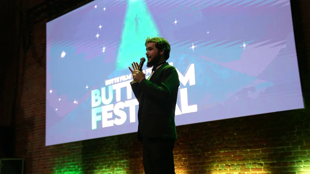 Festival Director Curtis Bell speaking on stage at the 2023 Butte Film Festival. Photo taken by Mason Nowak Dec. 14, 2023.