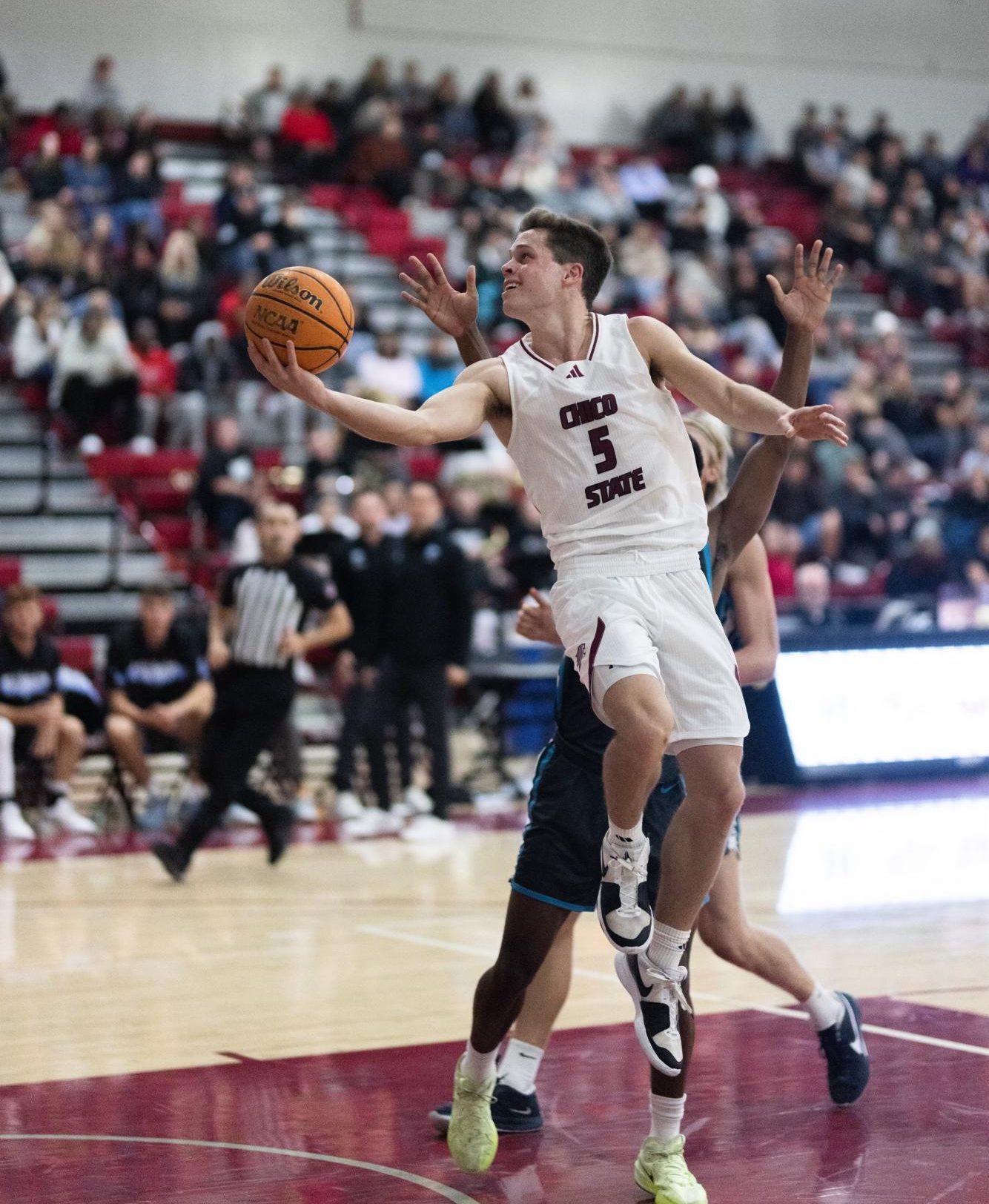 Chico State’s Jojo Murphy going around the Sharks defender with a right-handed layup on the left side of the basket in the first half against the Hawai’i Pacific University Sharks on Nov. 17. Photo taken by Aaron Draper.