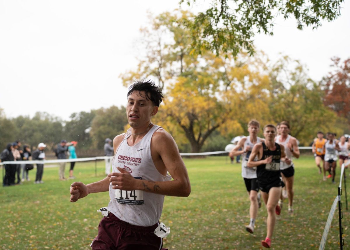 Senior Daniel Hernandez advances in the 10k race as rain begins to fall at the NCAA Division II Championship in Sacramento Saturday, Nov. 23, 2024.