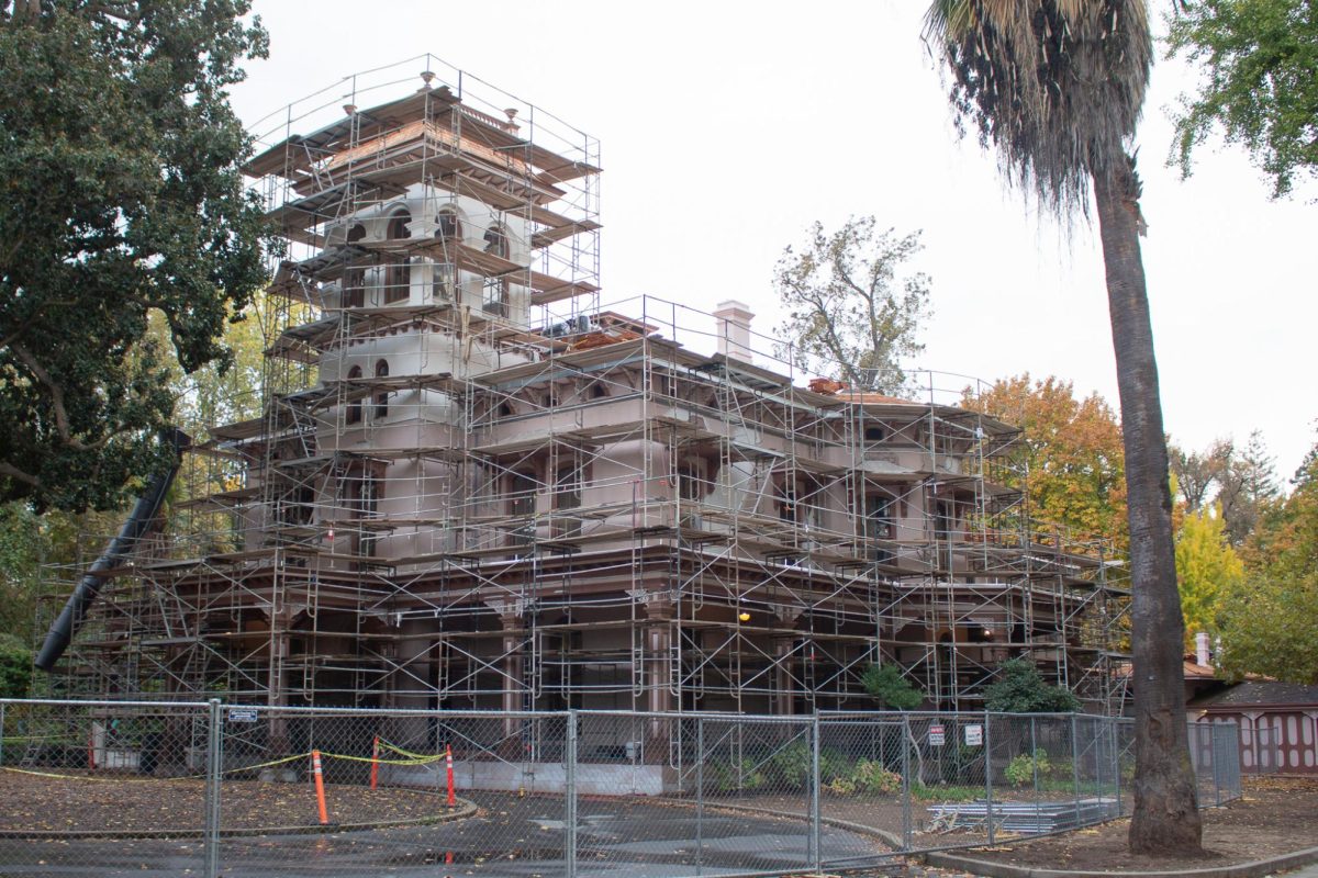 Bidwell Mansion under restoration on Nov. 13. They started the project in Spring 2024 and are slated to finish Spring 2025. Photo taken by Jenna McMahon.