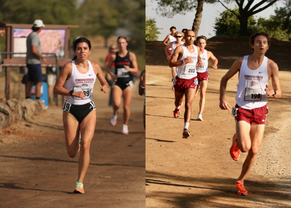 Della Molina (left)  squeezing the pace at mid-race and Mario Giannini (right) breaking the race open in the third mile with teammates following at the CCAA Conference Championships at Woodward Park in Fresno, hosted by the Sonoma State Seawolves on Oct. 25. Photo provided by Gary Towne. 