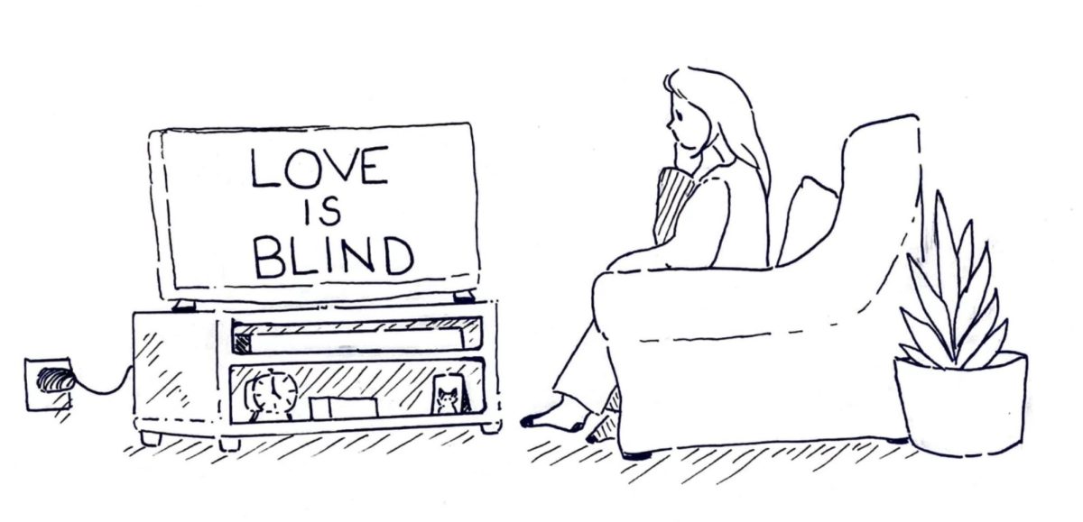 Graphic of a woman watching Love Is Blind on her television. Created by Burklee Waddell on Nov. 4, 2024.