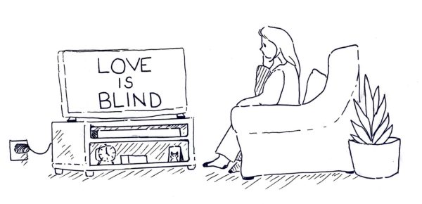 Graphic of a woman watching Love Is Blind on her television. Created by Burklee Waddell on Nov. 4, 2024.