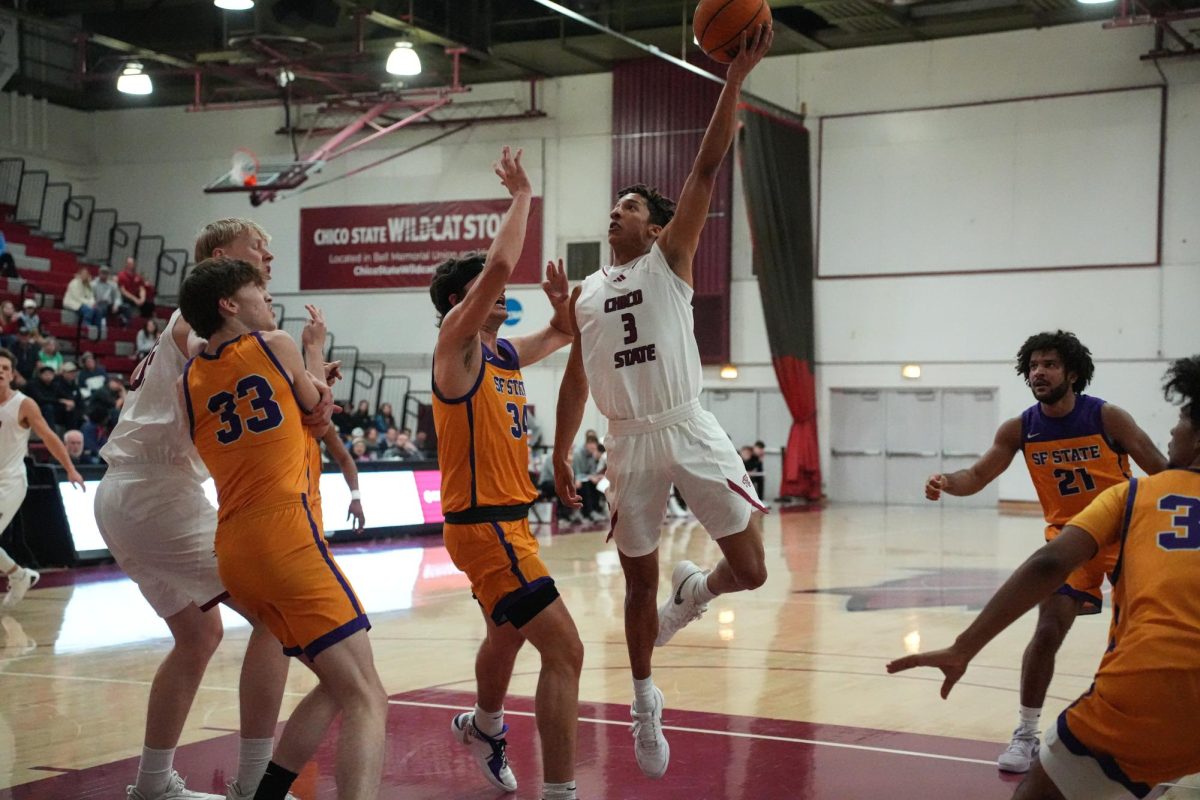 Junior guard Miles Daniels pushes past defense and goes for a layup during the first-half against San Francisco State Saturday, Dec. 7, 2024, at Chico State.