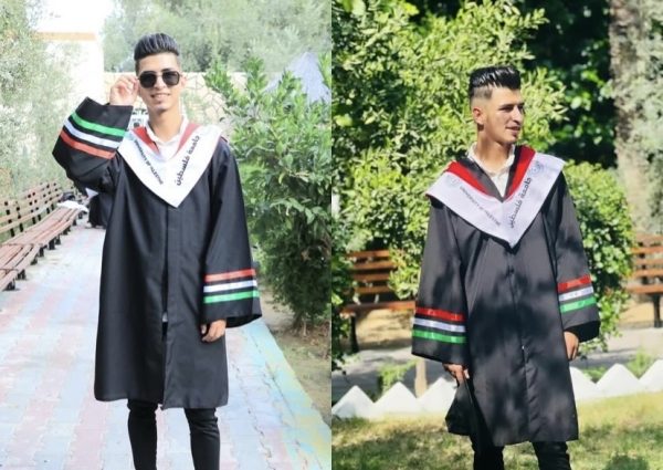 Suhaib Qadih celebrating in his graduation robe after obtaining a degree in public relations and marketing from the University of Palestine. Photo courtesy of Qadih.