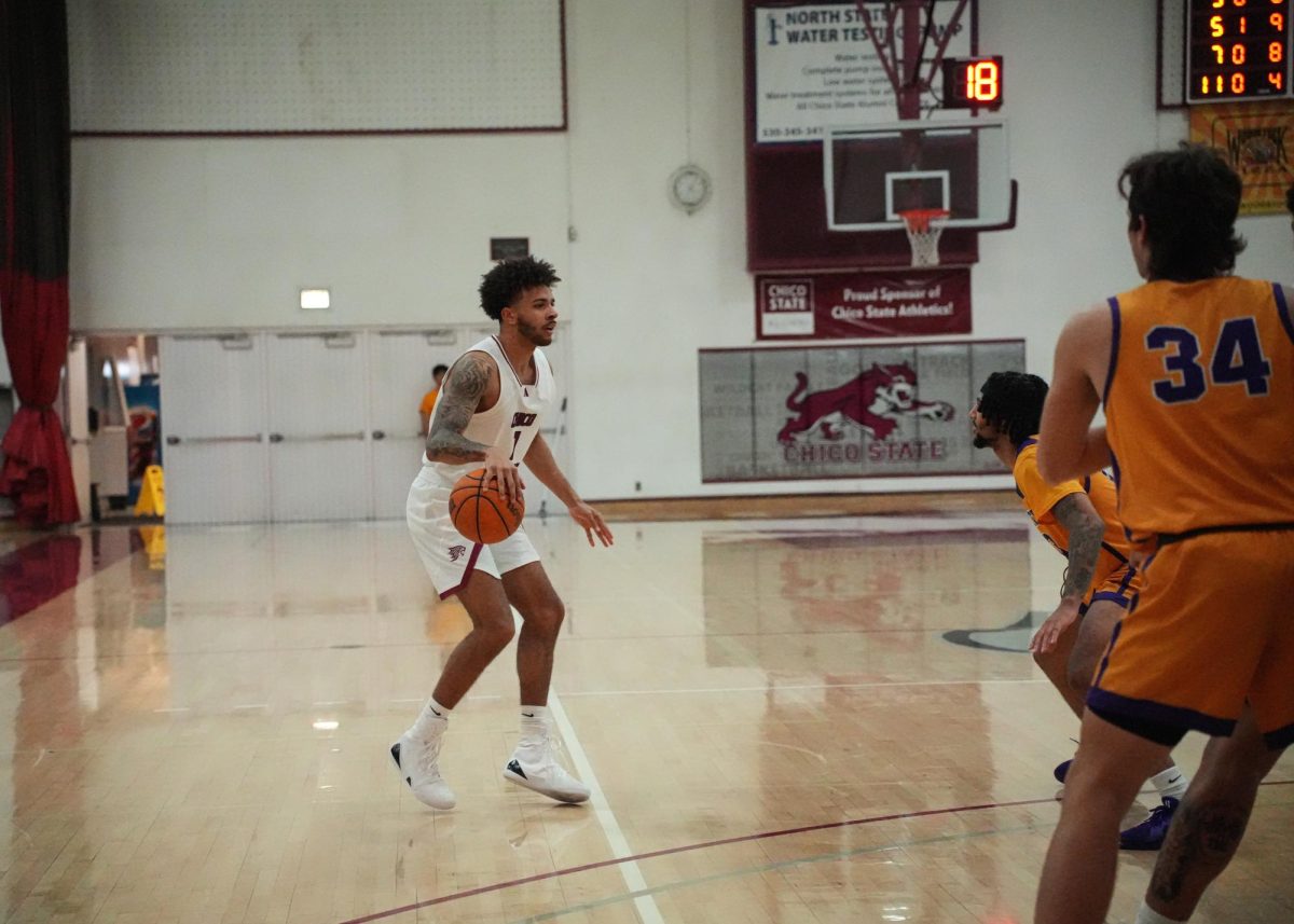 Sophomore guard Isaiah Kerr keeps control of the ball during the second-half against San Francisco State Saturday, Dec. 7, 2024, at Chico State.