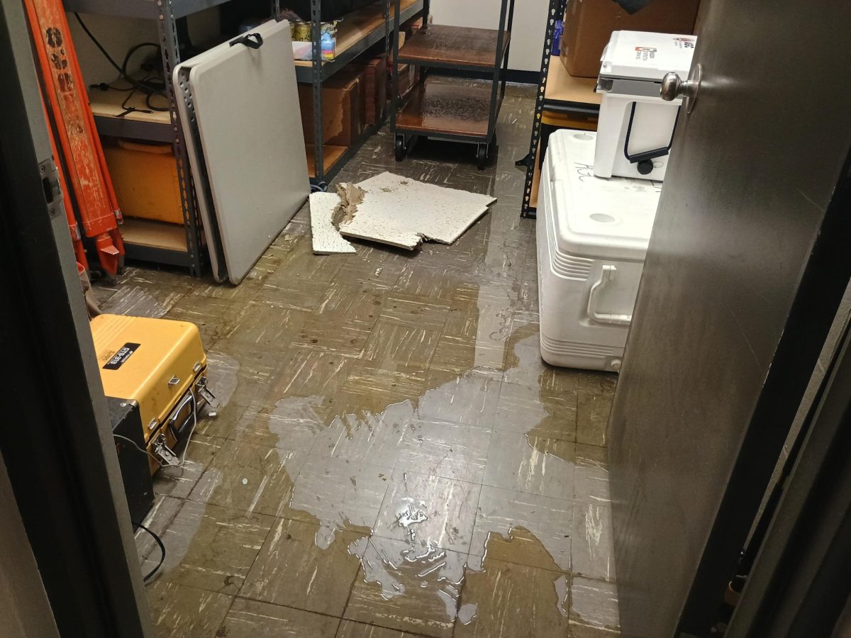 The water damage is worse in some areas than others, with puddles on the floors and steady drips coming from the ceiling. Photo taken by Sean Shanks on August 27. 
