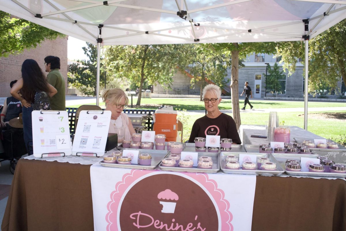 Denine Owen (left) and Roberta Owen (right) sit behind assorted trays of cupcakes. Photo taken on Sept. 22.