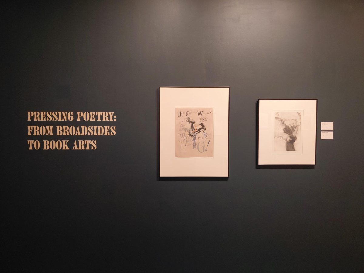 The first prints at the entrance of the exhibit. "Dream of the Forest: Man Carrying the Wilderness," 2023, relief printmaking and thread by artist, Lesley Dill and poet, Tom Sleigh. "The Lord Was Their Shepherd," 1970, Etching by Gwendolyn Brooks. Photo taken by Ky Rodriguez on Feb. 3, 2026.