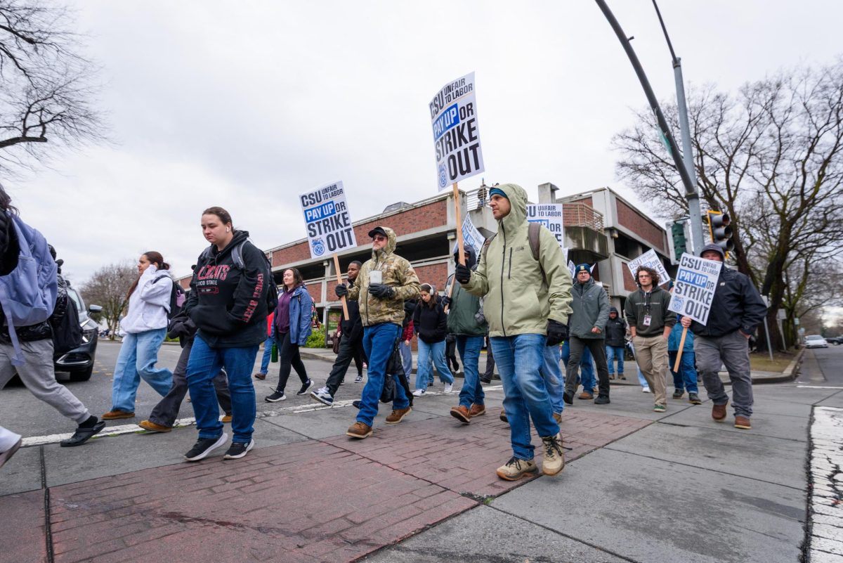 Members of the striking Teamsters Local 2010 union picket at 1st and Ivy st. on Tuesday, Feb. 17, 2026 in Chico, Calif.  The teamsters say the CSU system is exploiting a loophole in their contract to deny previously-promised raises.
(Dash Ferrero/The Orion)