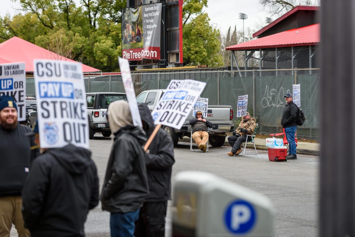 Members of the striking Teamsters Local 2010 union picket along Leigon Ave., behind Estom Jamani hall on Tuesday, Feb. 17, 2026 in Chico, Calif. The teamsters say the CSU system is exploiting a loophole in their contract to deny previously-promised raises.
(Dash Ferrero/The Orion)
