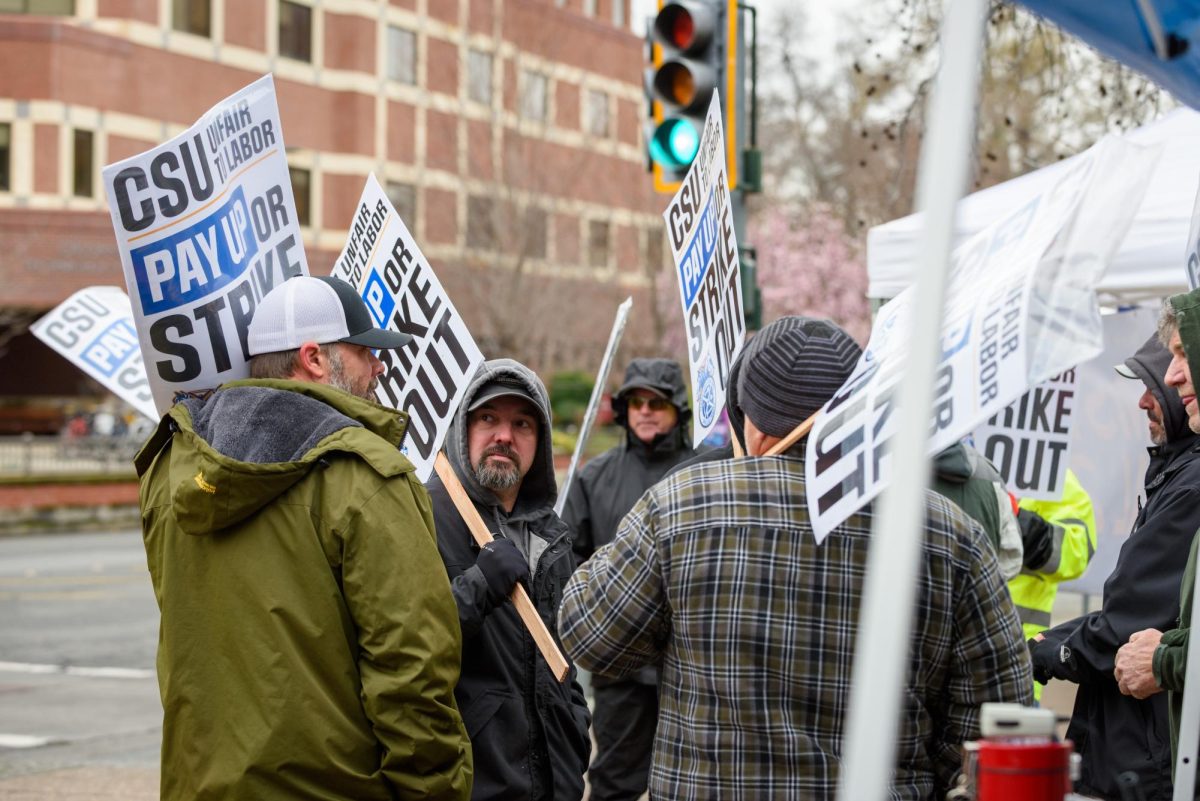Members of the striking Teamsters Local 2010 union picket at 1st and Ivy st. on Tuesday in Chico, Calif.  The teamsters say the CSU system is exploiting a loophole in their contract to deny previously-promised raises. Photo taken by Dash Ferrero on Feb. 17, 2026.